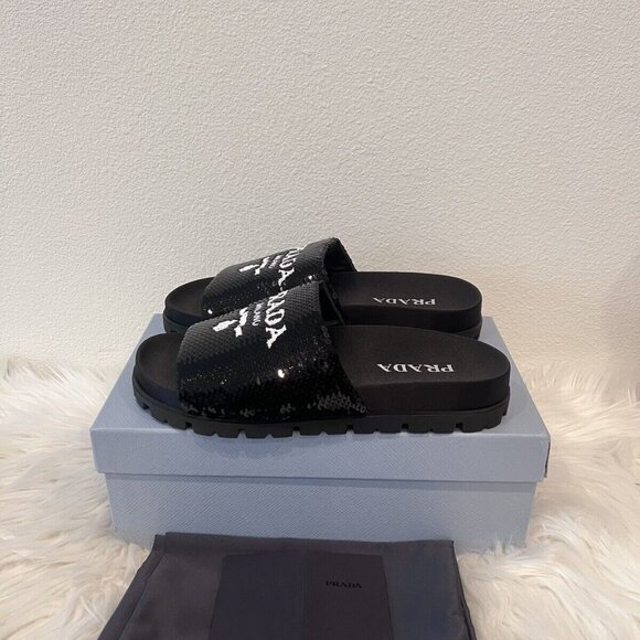 Prada Sequin Logo Paillettes Slide Monolith Plaque Lug Pool Flat 40 - Picture 4 of 10